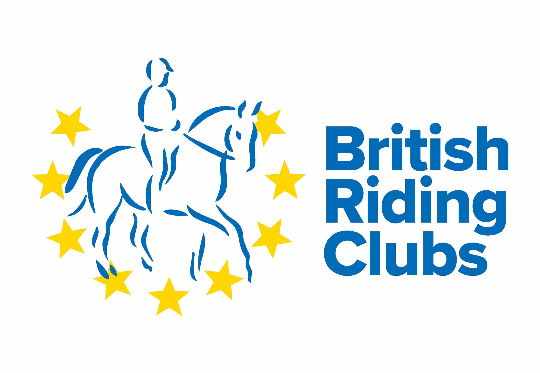 Logo of British Riding Clubs with a silhouette of a rider on a horse surrounded by yellow stars on a white background.
