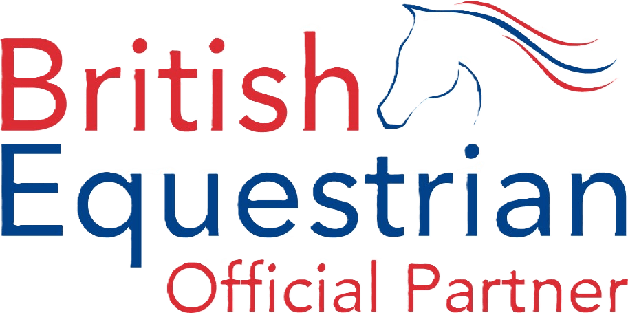 British Equestrian official partner logo in red white and blue featuring horse silhouette