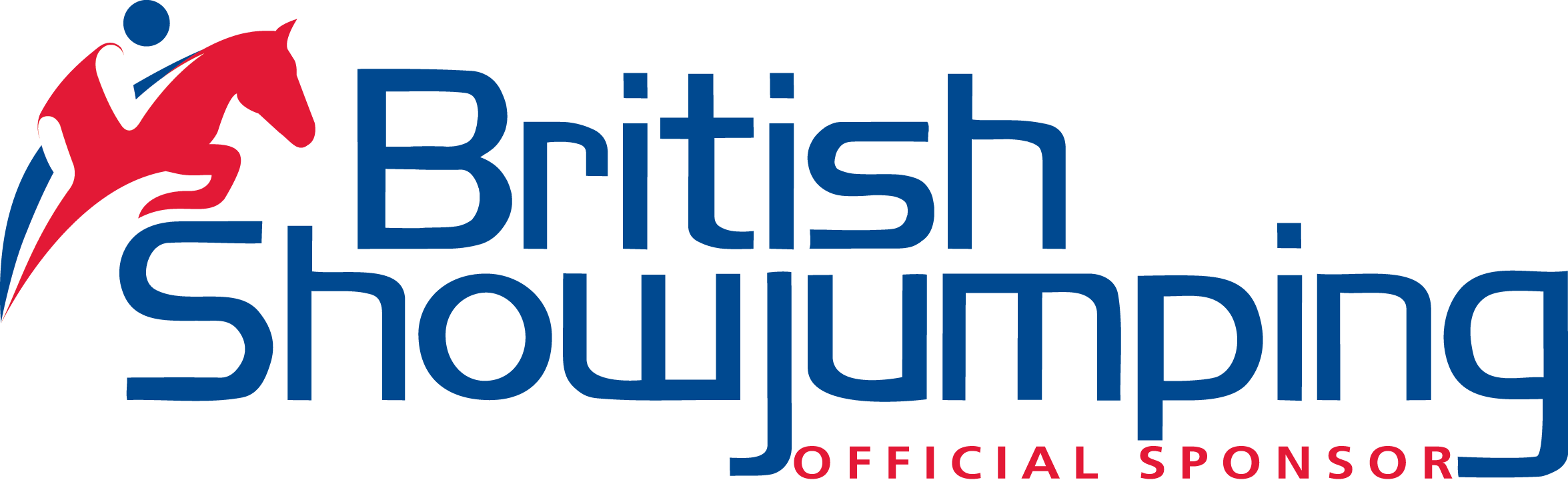 British showjumping official sponsor logo featuring horse and rider jumping e
