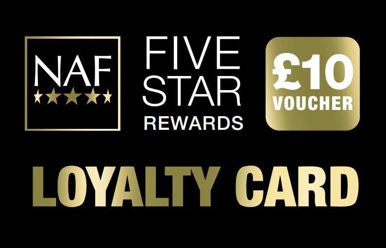 NAF Five Star Rewards loyalty card with £10 voucher on a black background