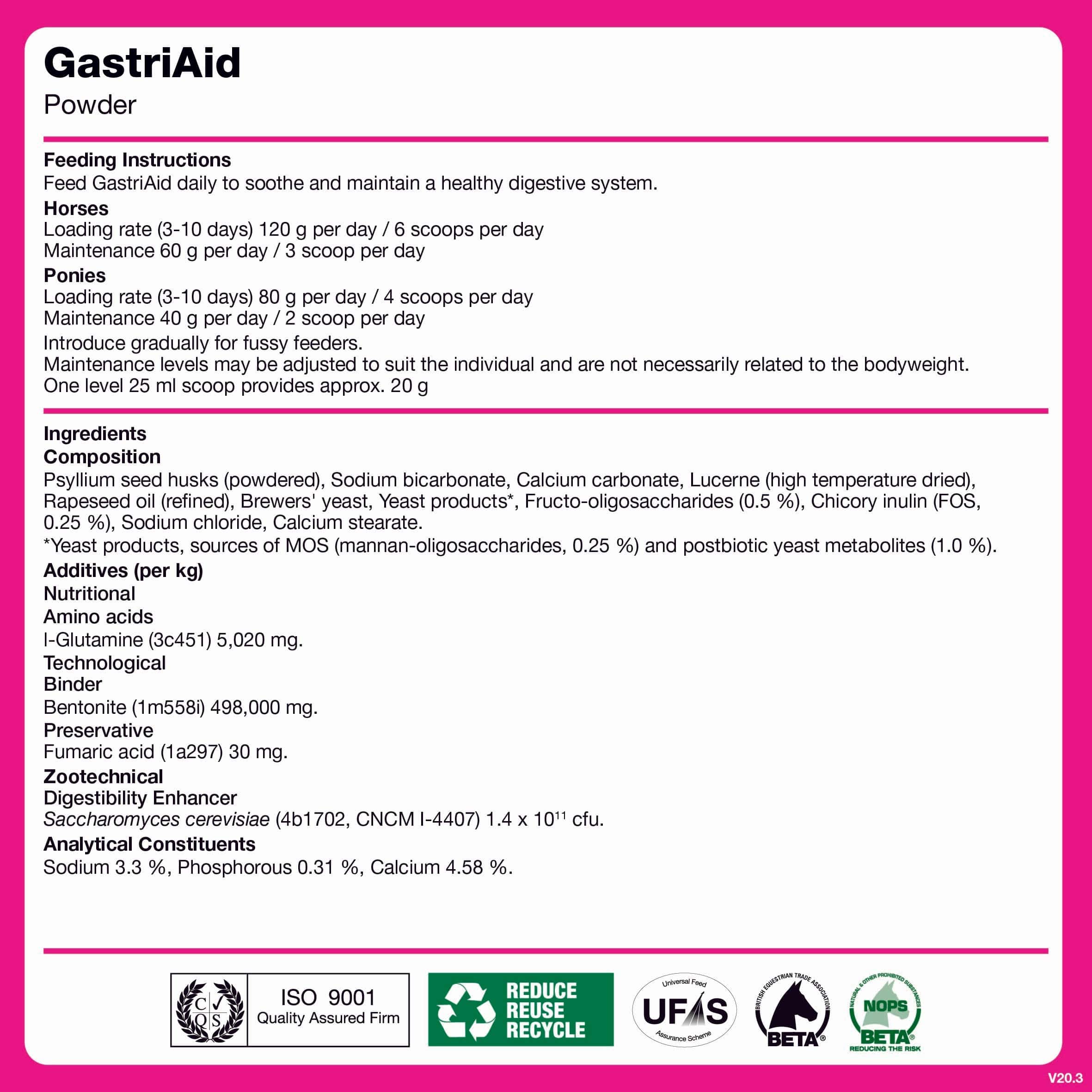 GastriAid Powder label with feeding instructions and product details on a pink background